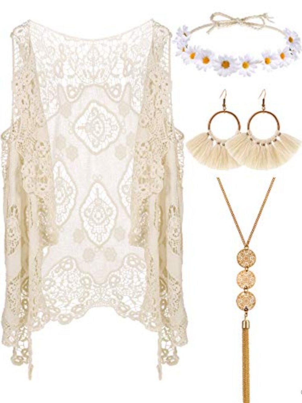 Hippie Costume Set Crochet Vest Flower Headband Tassel Earrings Necklace 4 Pc